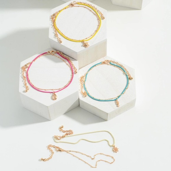 Layered Gold Tone and Yellow Chain Link Anklets with Turtle Charm - Picture 3 of 3